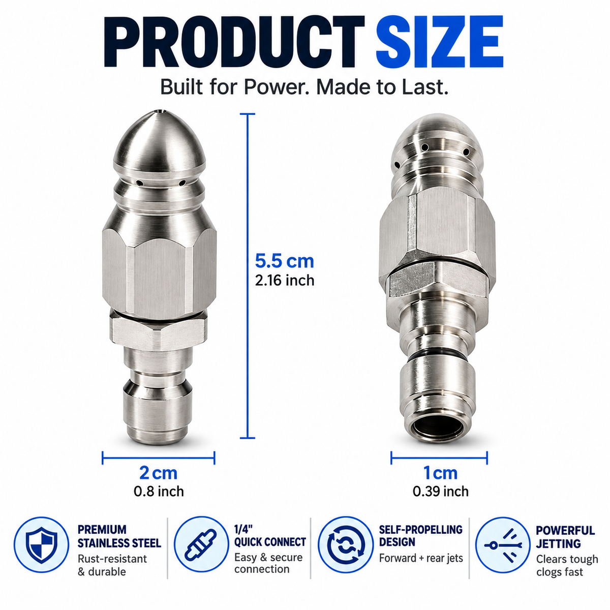 Stainless Steel Sewer Jetter Nozzle – 1/4' Quick Connect Drain Cleaning Attachment for Pressure Washers