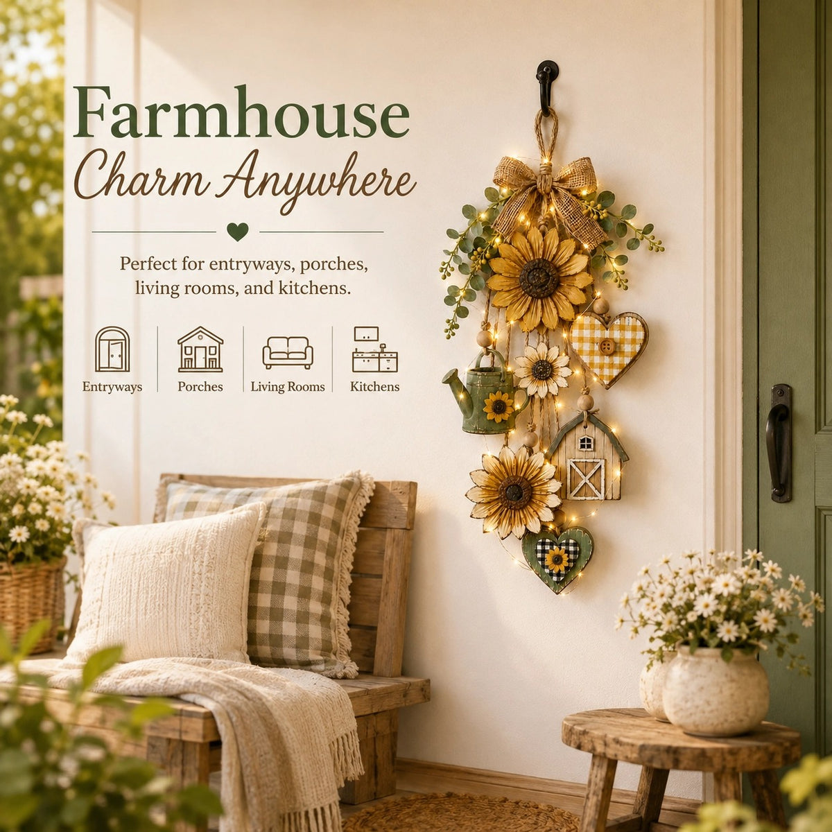 🌻Rustic Wooden Garden-Themed Hanging Ornament with Remote Control Fairy Lights