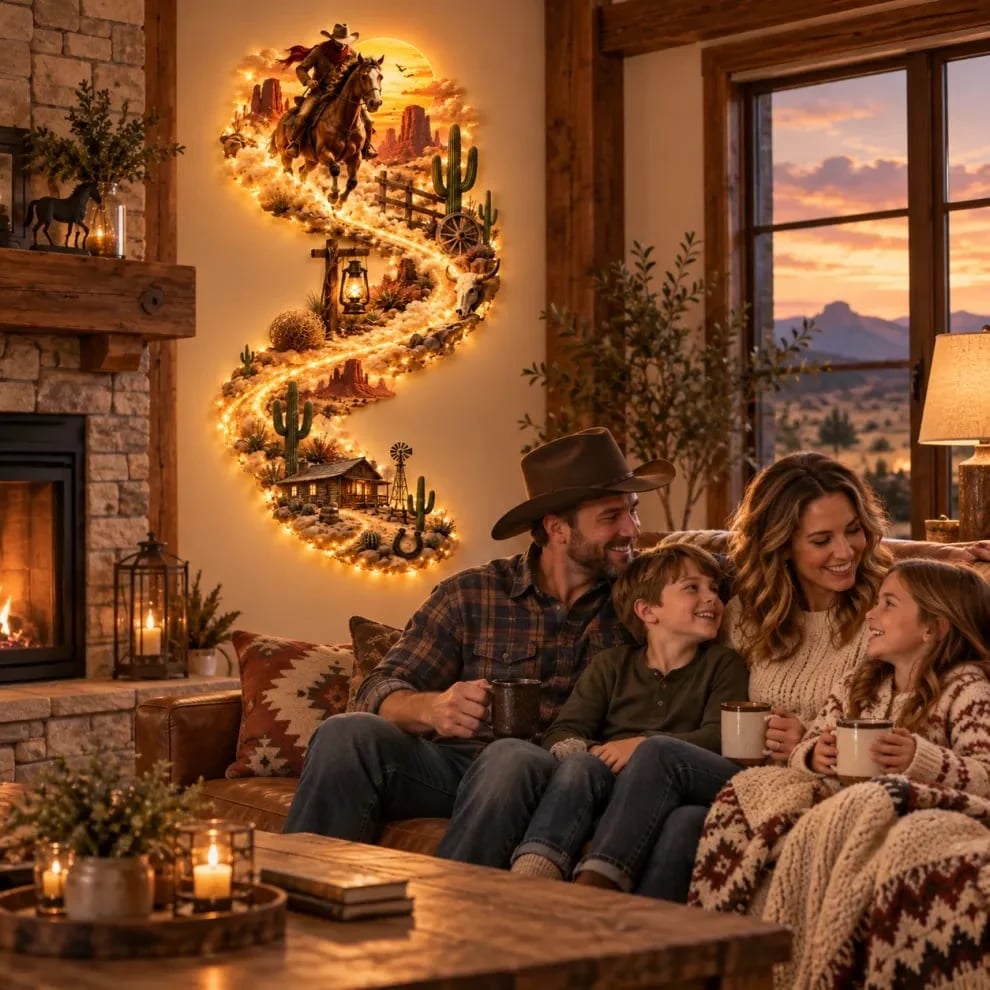 π€ Western Cowboy LED Wall Decor β Lighted Wild West Desert Scene with Horseback Rider, Cactus & Ranch Details