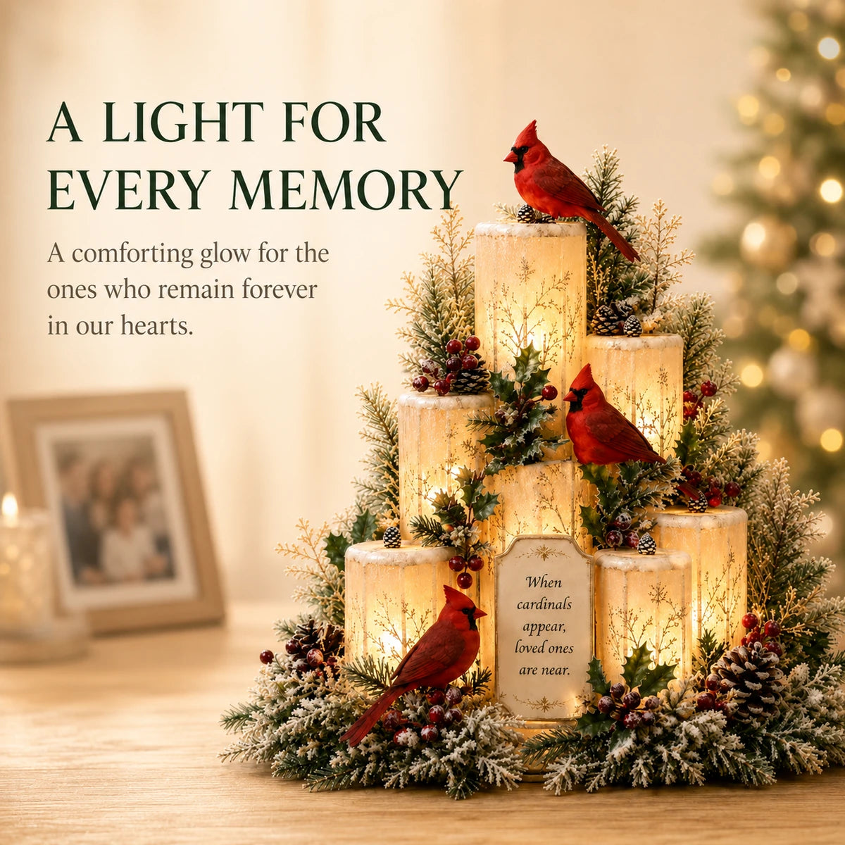 Cardinal memorial centerpiece with warm glowing candles and remembrance message
