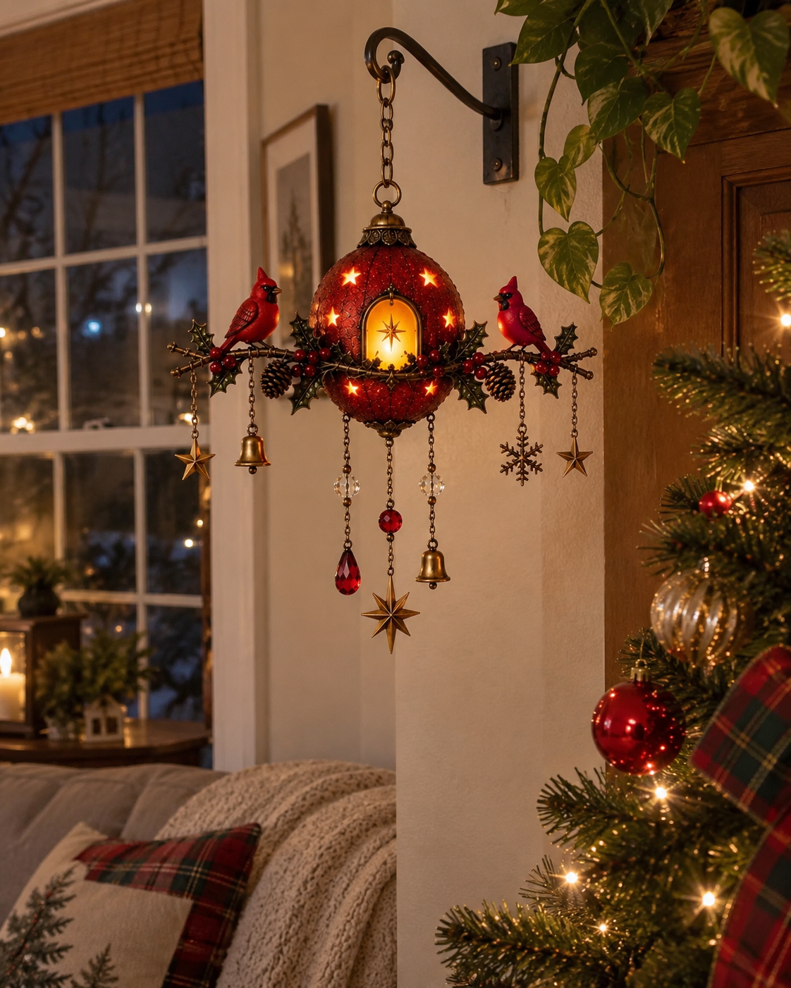 Cardinal ornament hanging inside a decorated Christmas home