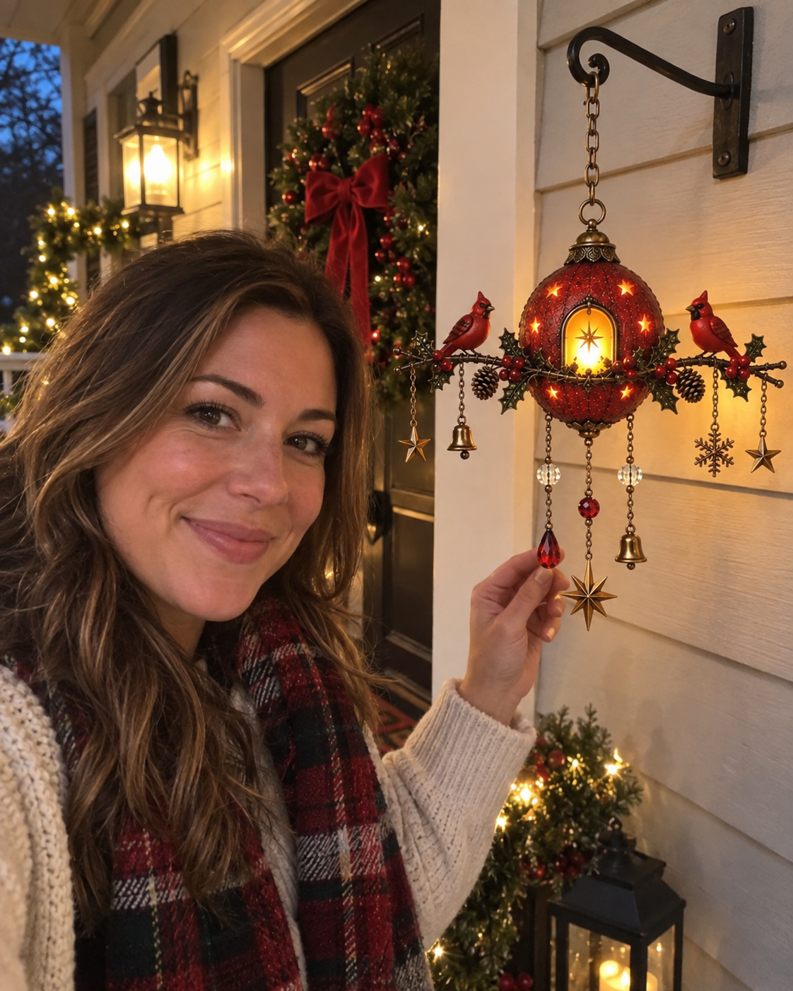 Customer displaying cardinal Christmas hanging decoration