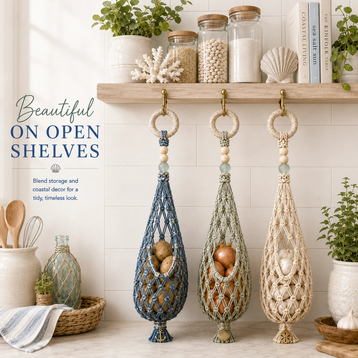 Coastal hanging produce organizers styled under open kitchen shelves