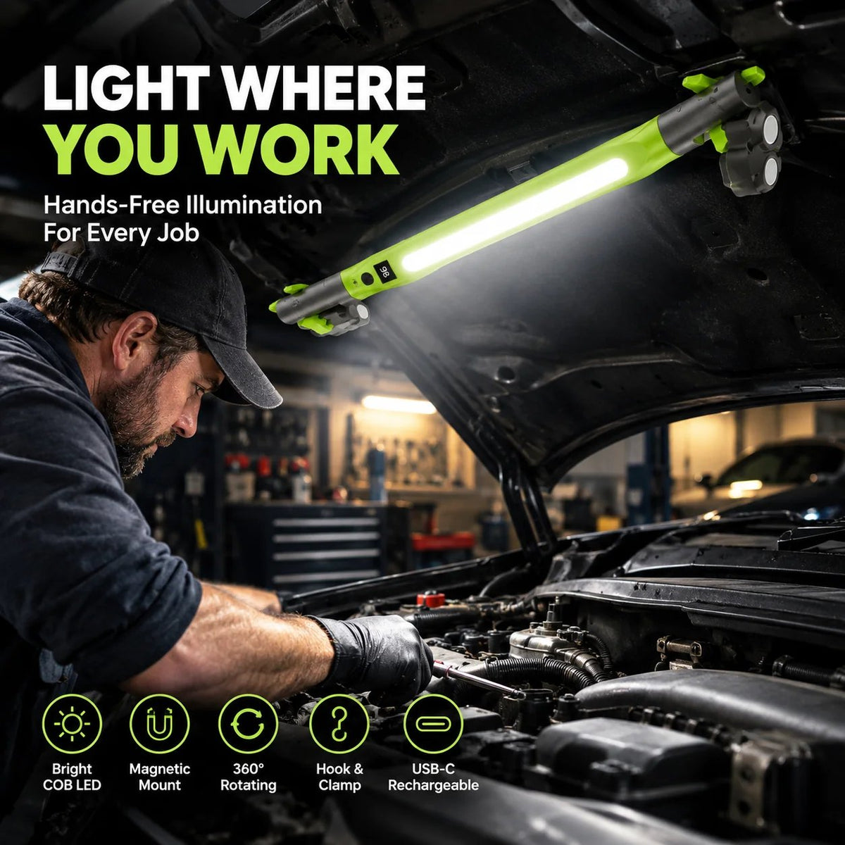 π¦ Rechargeable COB LED Work Light | Magnetic 360Β° Garage Repair Lamp