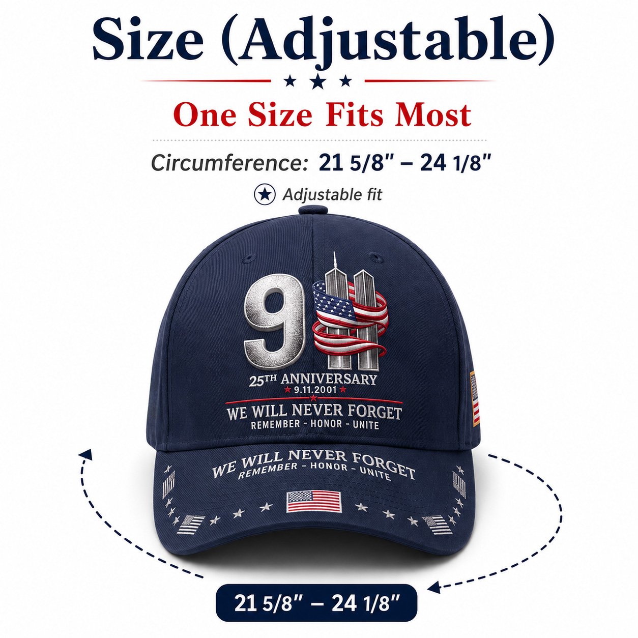 🇺🇸 9/11 25th Anniversary “We Will Never Forget” Memorial Embroidered Cap