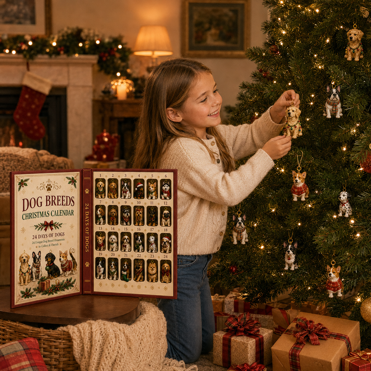 Girl decorating Christmas tree with dog ornaments