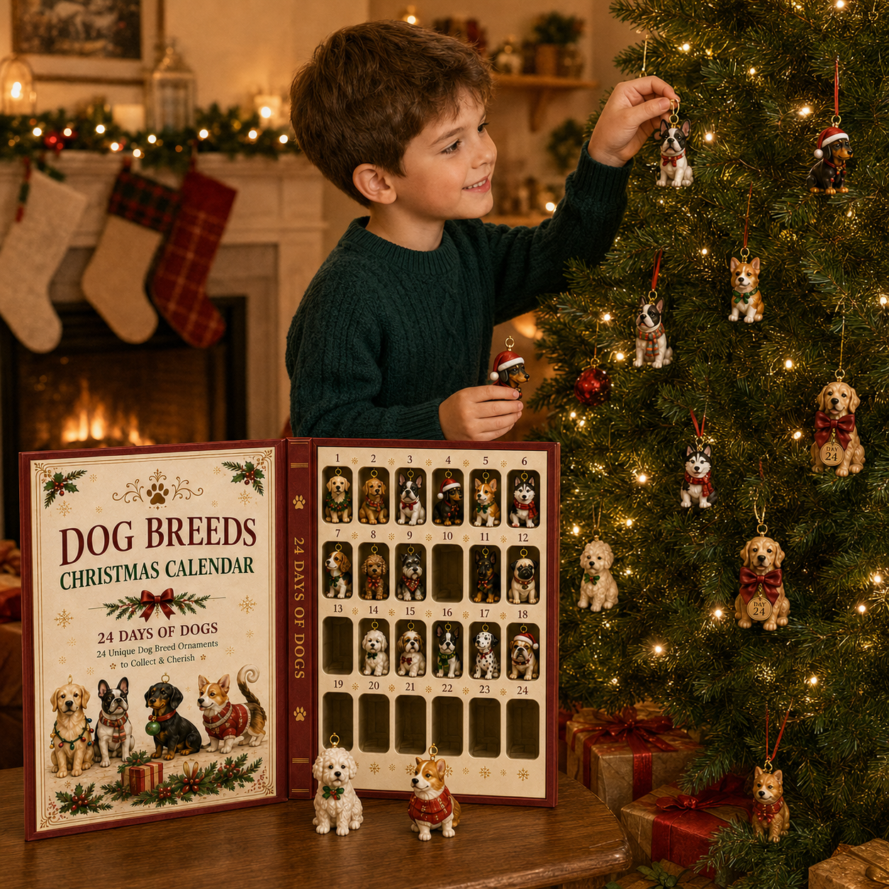 Boy decorating tree while advent calendar sits nearby