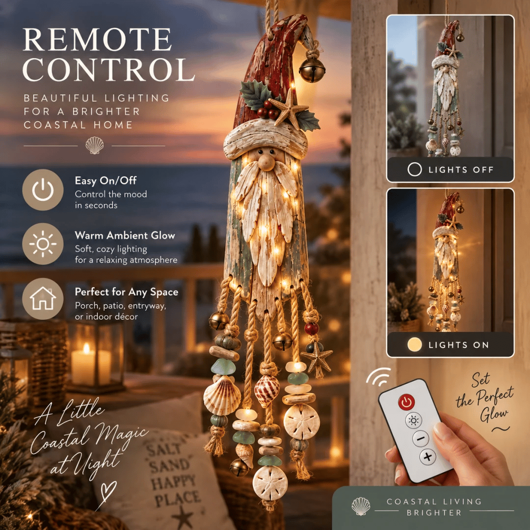 Coastal Santa details shells rope and lights