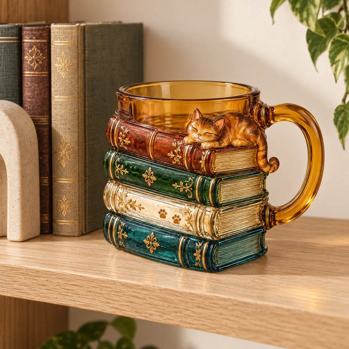 π±π Cozy Book Stack Cat Mug β Whimsical Vintage Coffee Cup for Book & Cat Loversπ