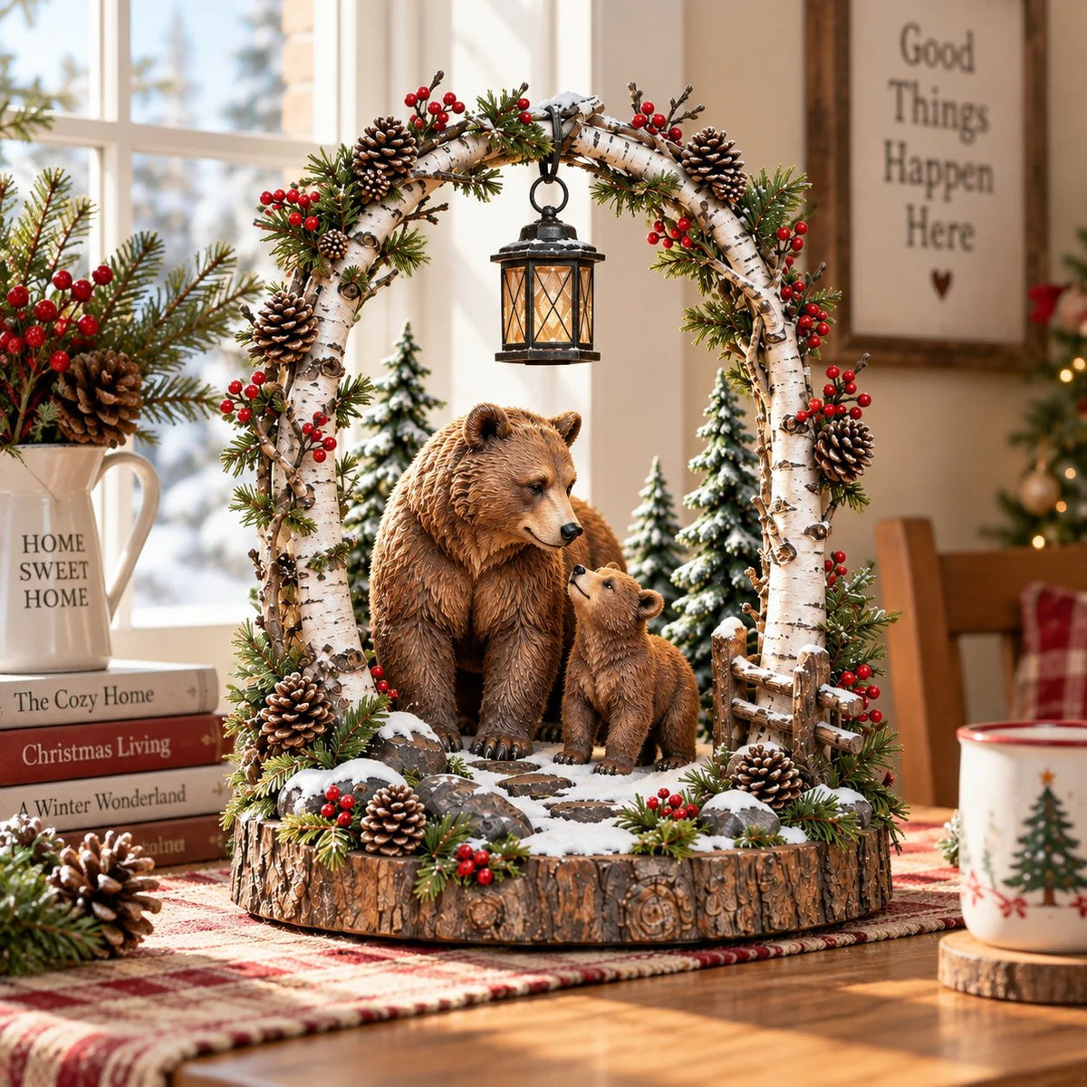 🐻Woodland Bear Family Lantern – Lighted Christmas Forest Tabletop Decor