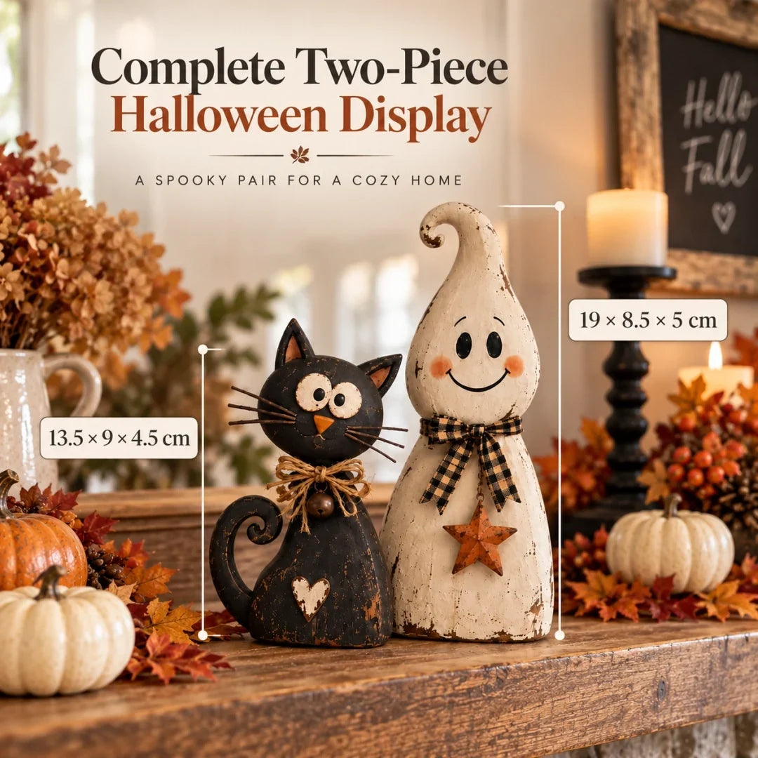 ๐โโฌ Ghost & Black Cat Halloween Figurines โ Vintage-Inspired Decor