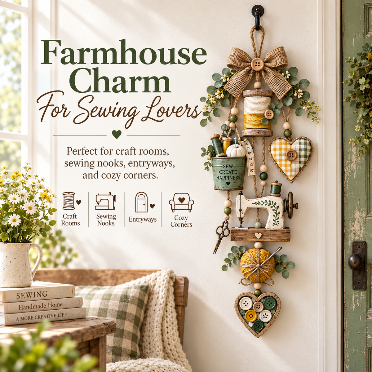 ๐งตโจ Rustic Wooden Sewing - Themed Hanging Ornament with Remote Control Fairy Lights