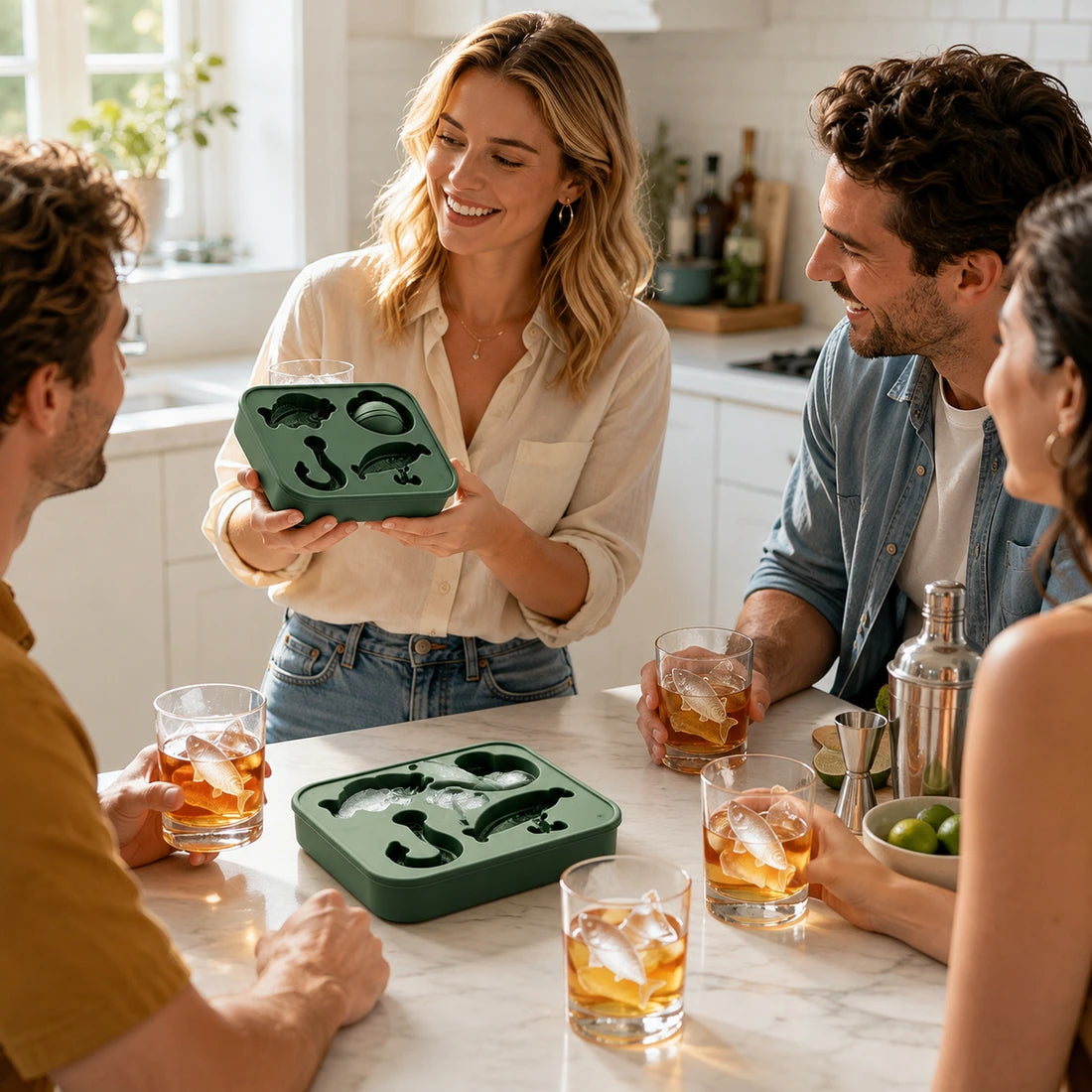 Friends sharing drinks made with fishing shaped ice