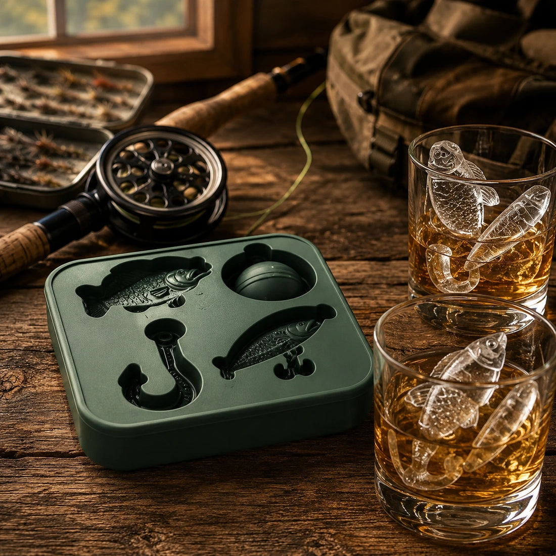 Fishing ice mold beside fly fishing gear and whiskey