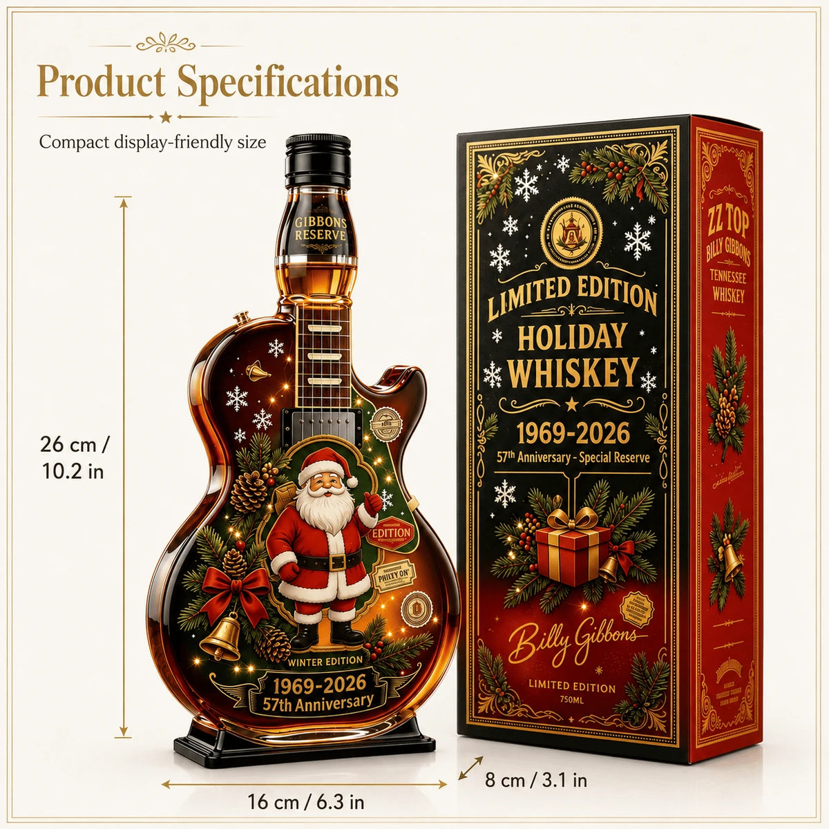 Product specifications and dimensions for the Christmas guitar collectible