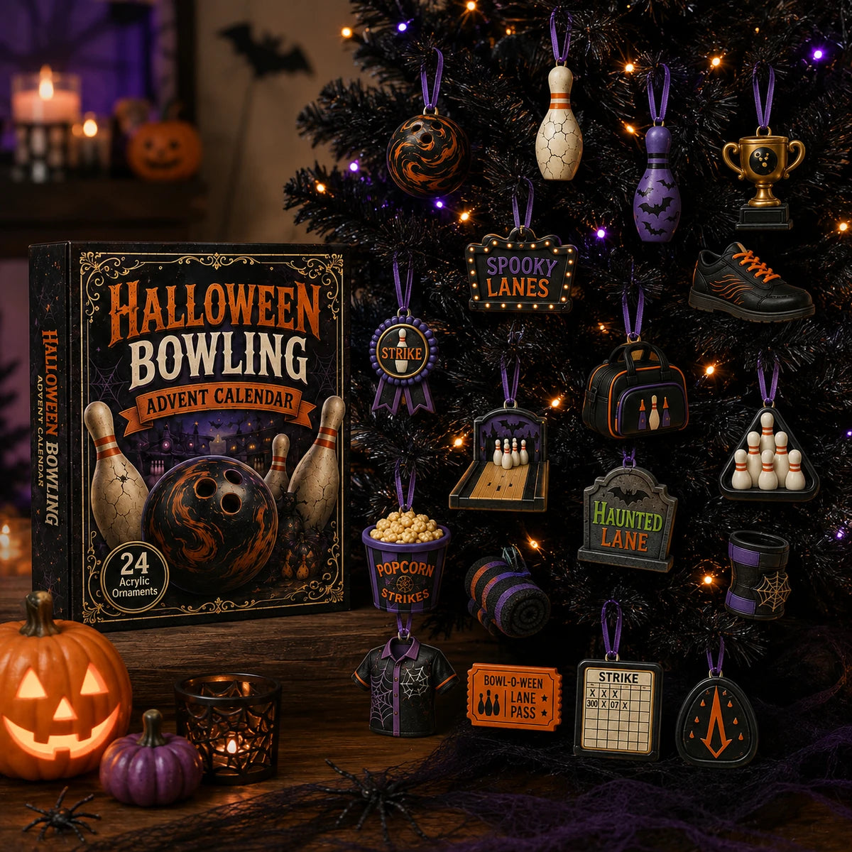 Halloween bowling ornaments displayed on a black Halloween tree