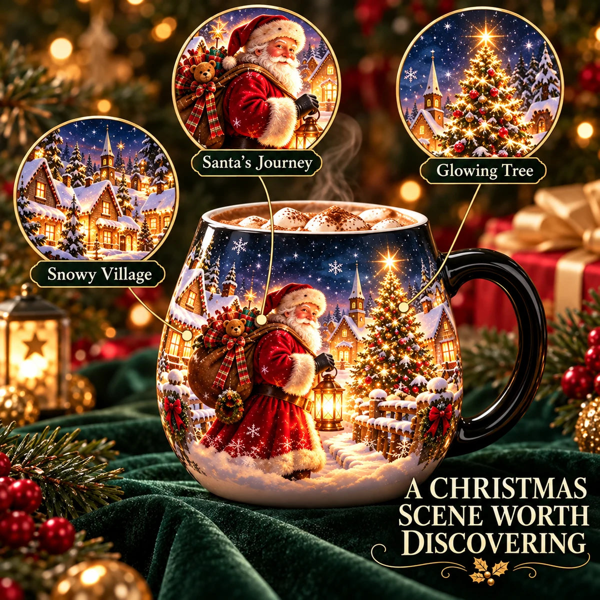 Close-up details of Santa village artwork on the heat reveal mug