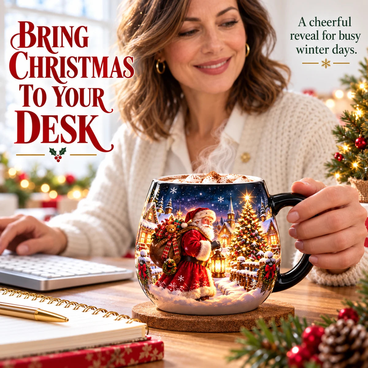 Christmas heat reveal mug used at a desk during the holidays