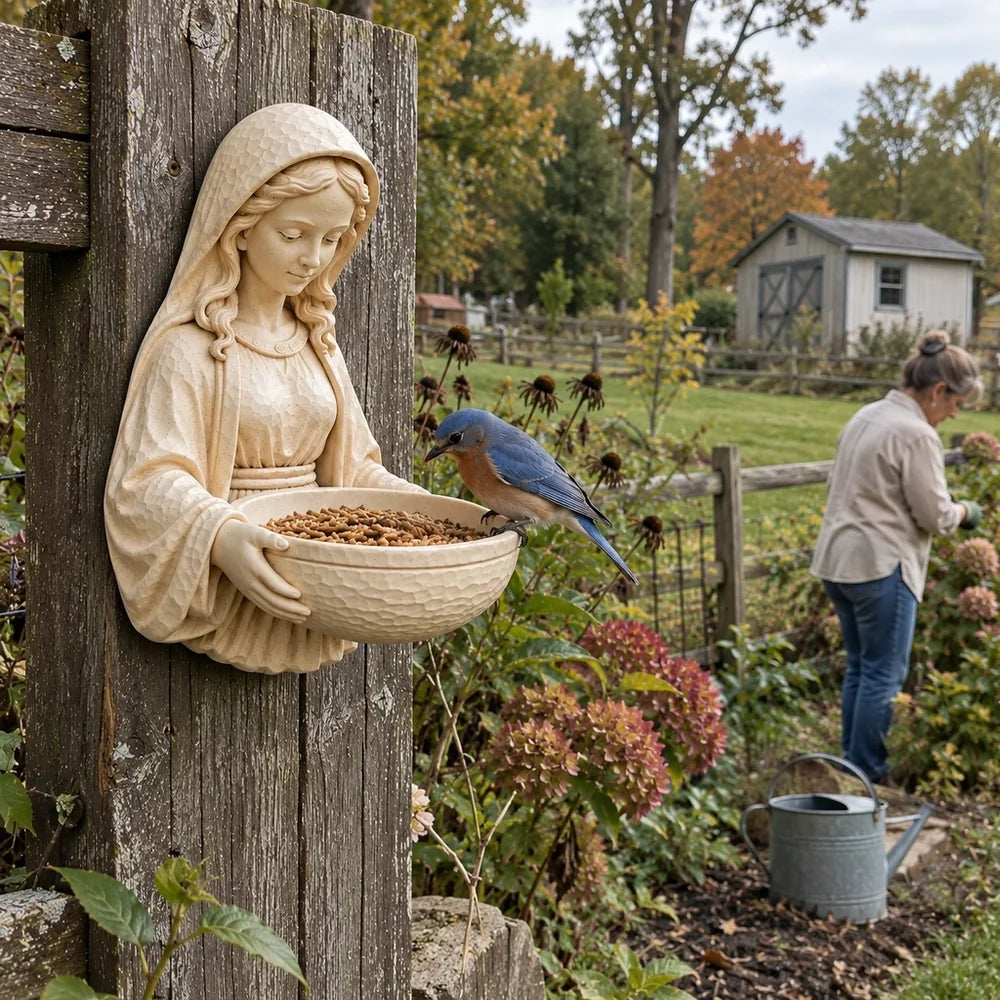 Bluebird beside a seed-filled Mary-inspired feeder on a fence in a country garden