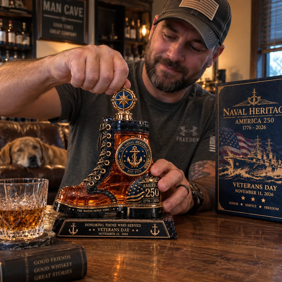 Man opening the compass-topped decanter at a home bar