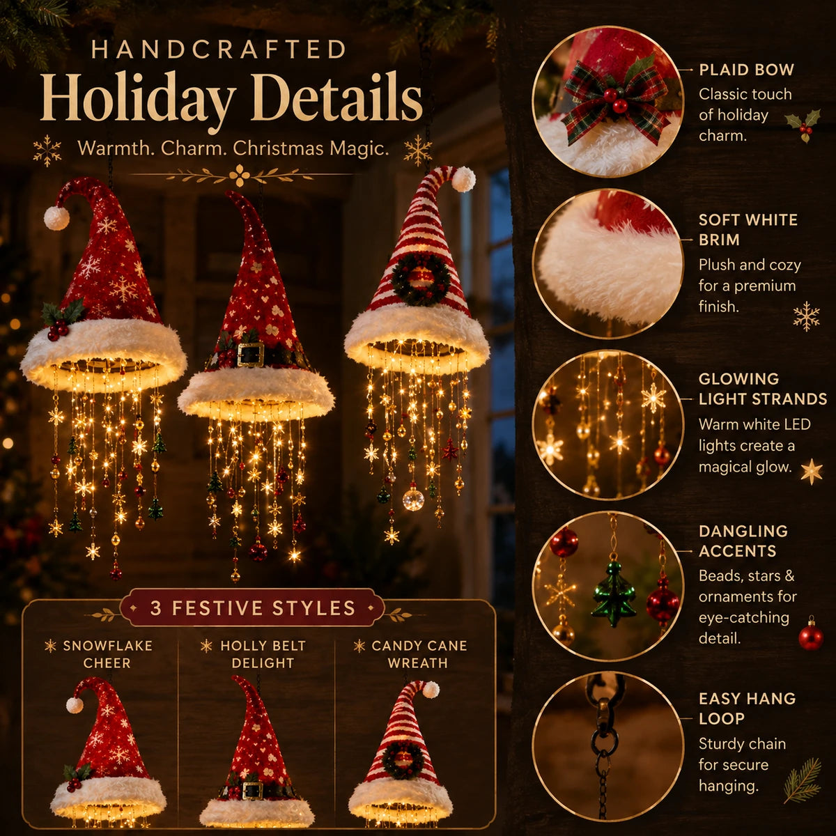 Handcrafted details on Santa hat hanging chandeliers
