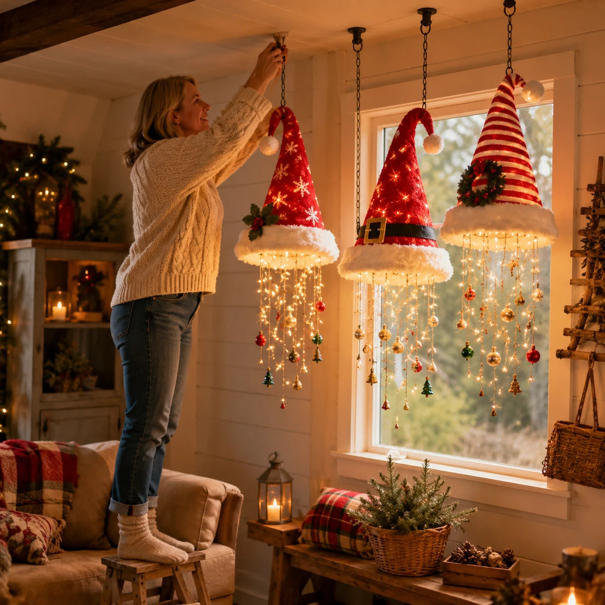 Woman hanging Santa hat chandelier