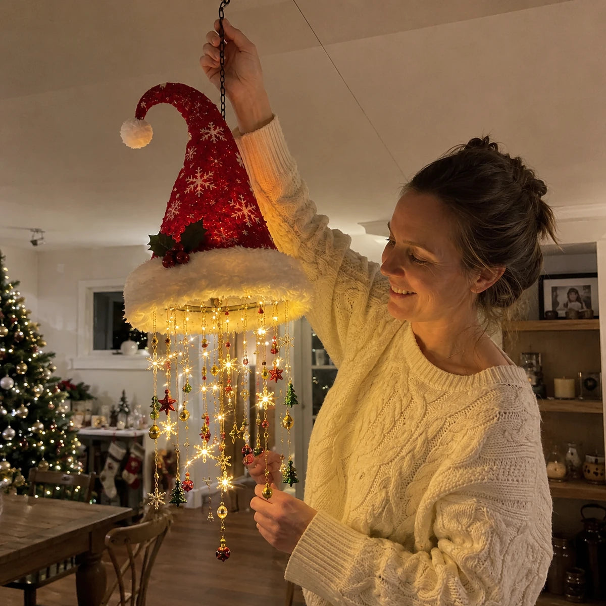 Customer holding Santa hat chandelier