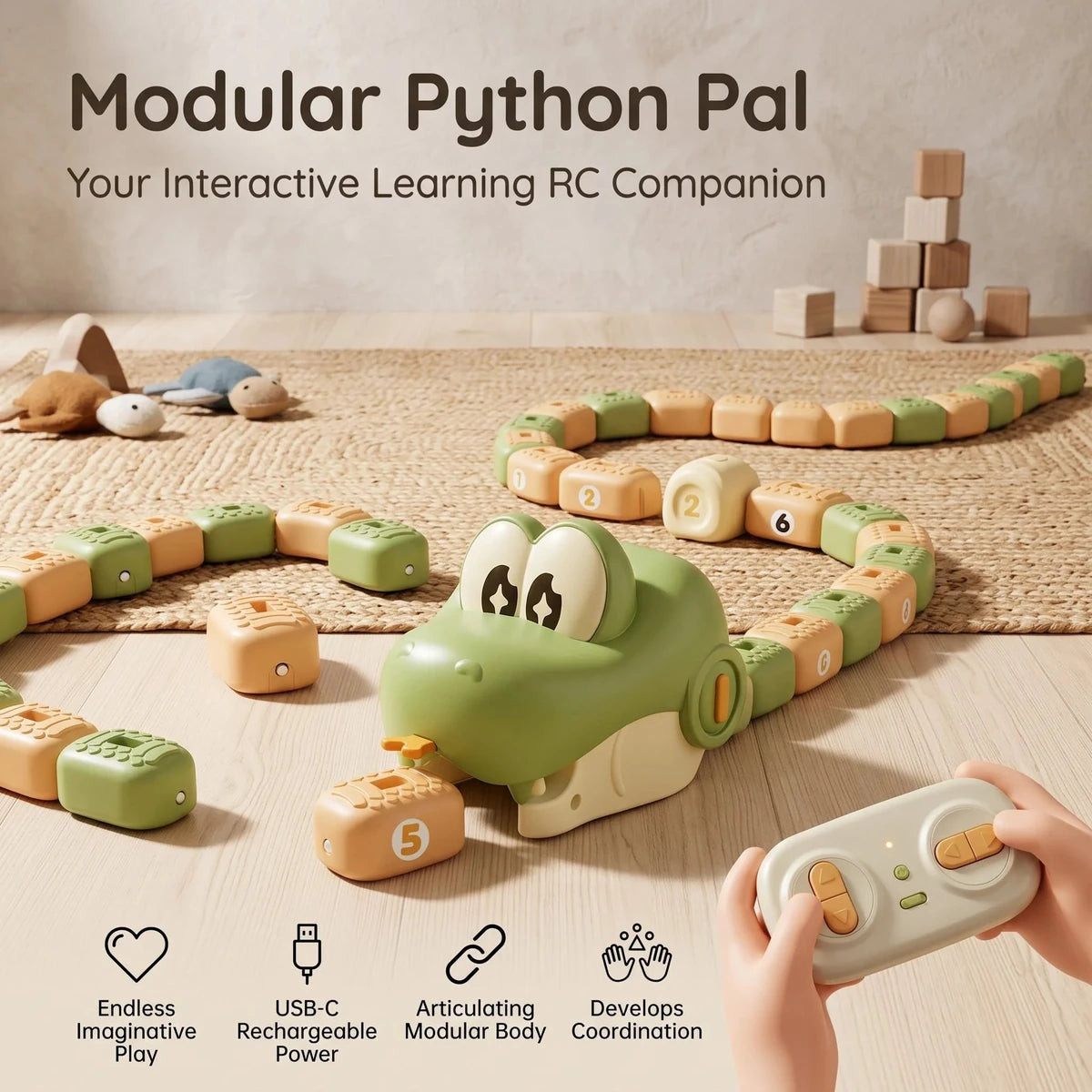 Remote control magnetic snake feeding game with controller and magnetic blocks