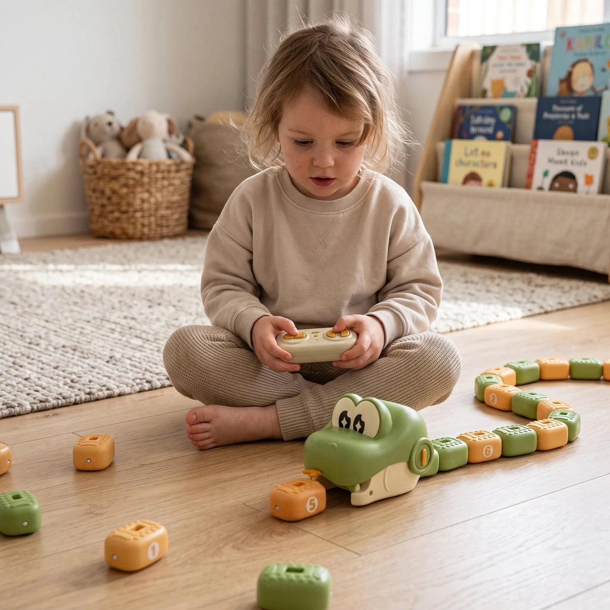 Young child using the remote control with the magnetic snake game