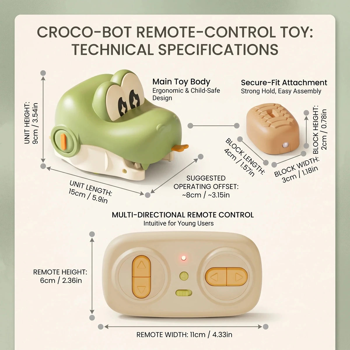 Technical size guide for remote control magnetic snake feeding game