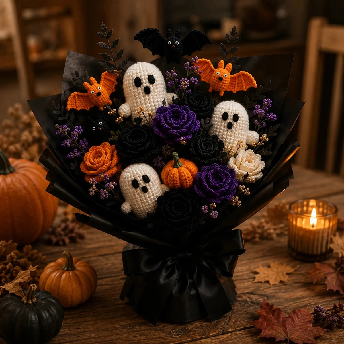 Crochet Halloween bouquet on an autumn table
