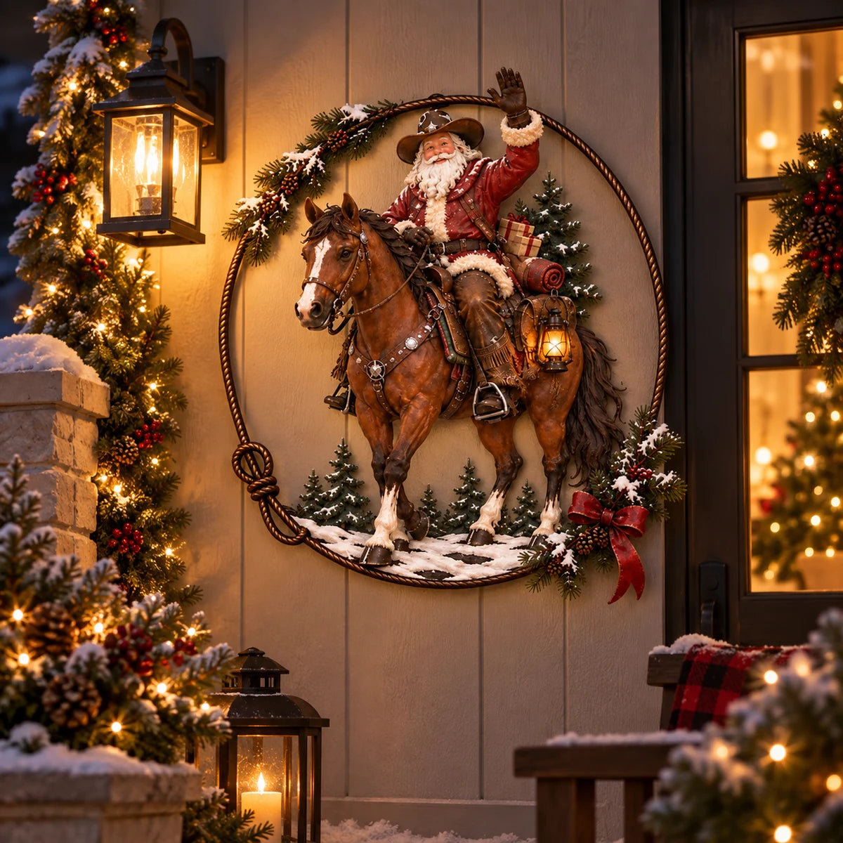 Western Cowboy Santa wall decor at night beside Christmas lights