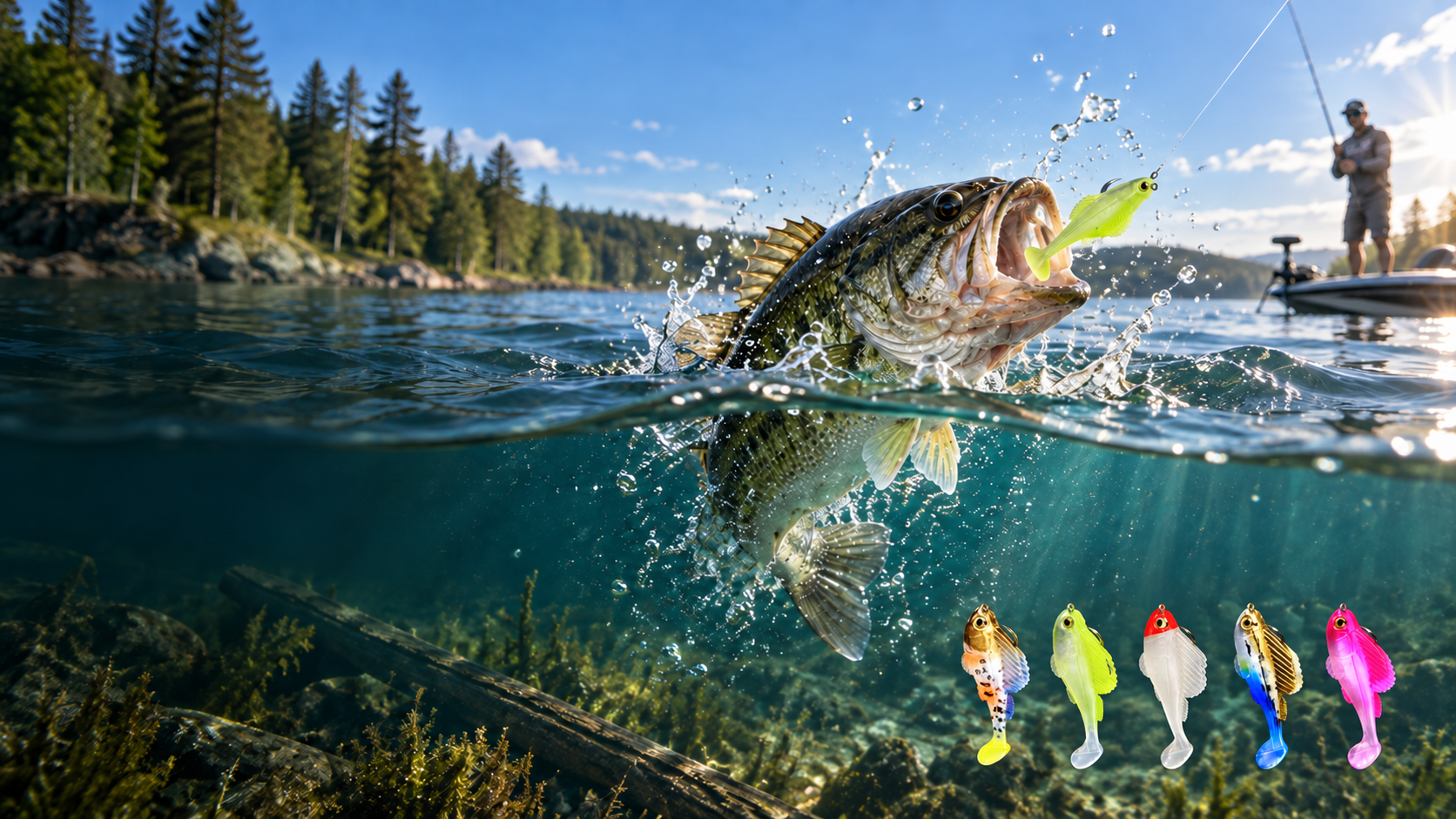 Bass approaching a chartreuse T-tail lure on a bright freshwater lake