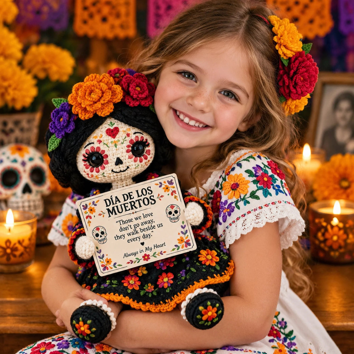 🏵️ 💕 Handcrafted Día de los Muertos Crochet Doll – Sugar Skull Catrina Figurine with Floral Dress & Memorial Sign