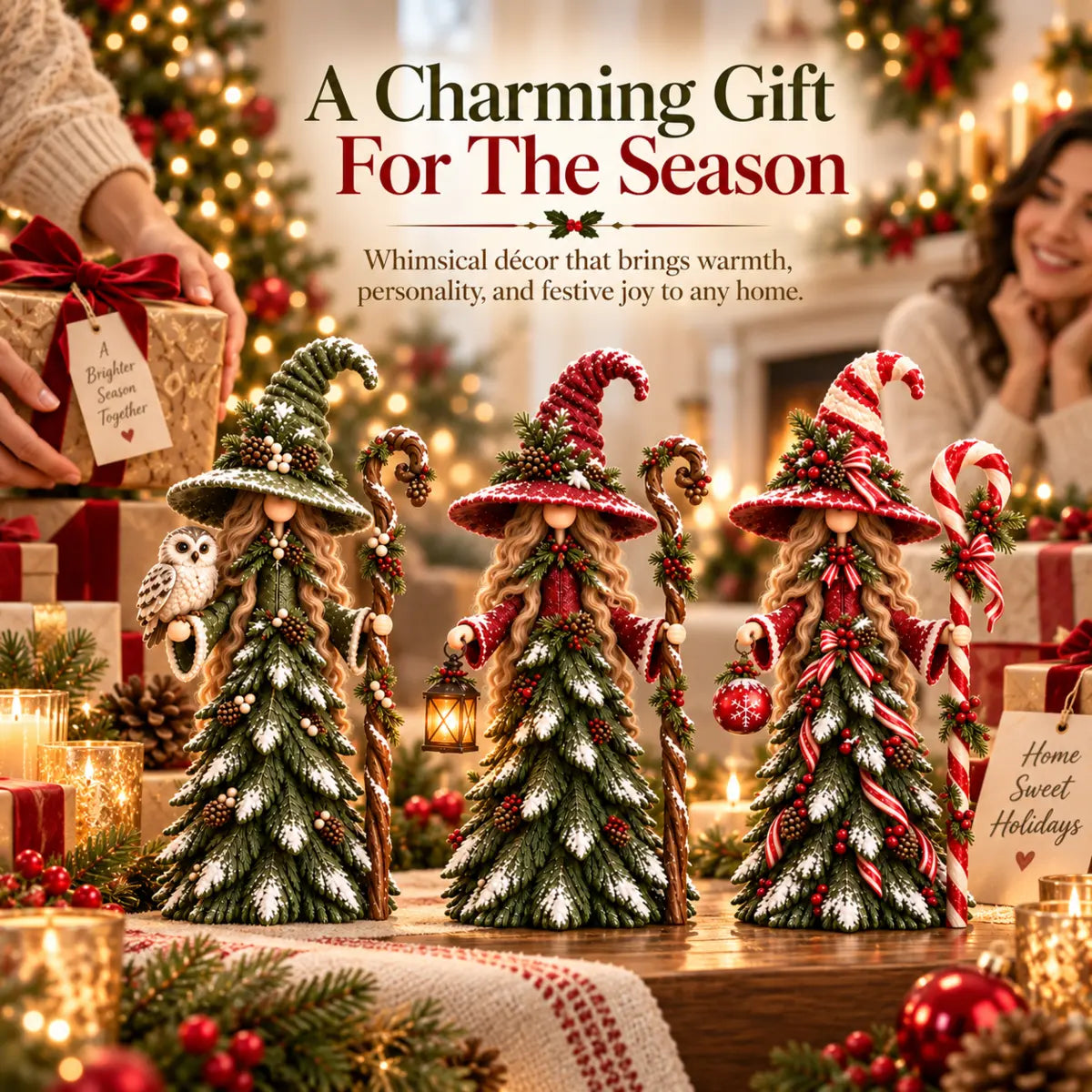Three enchanted Christmas tree figurines displayed in a warmly decorated holiday home