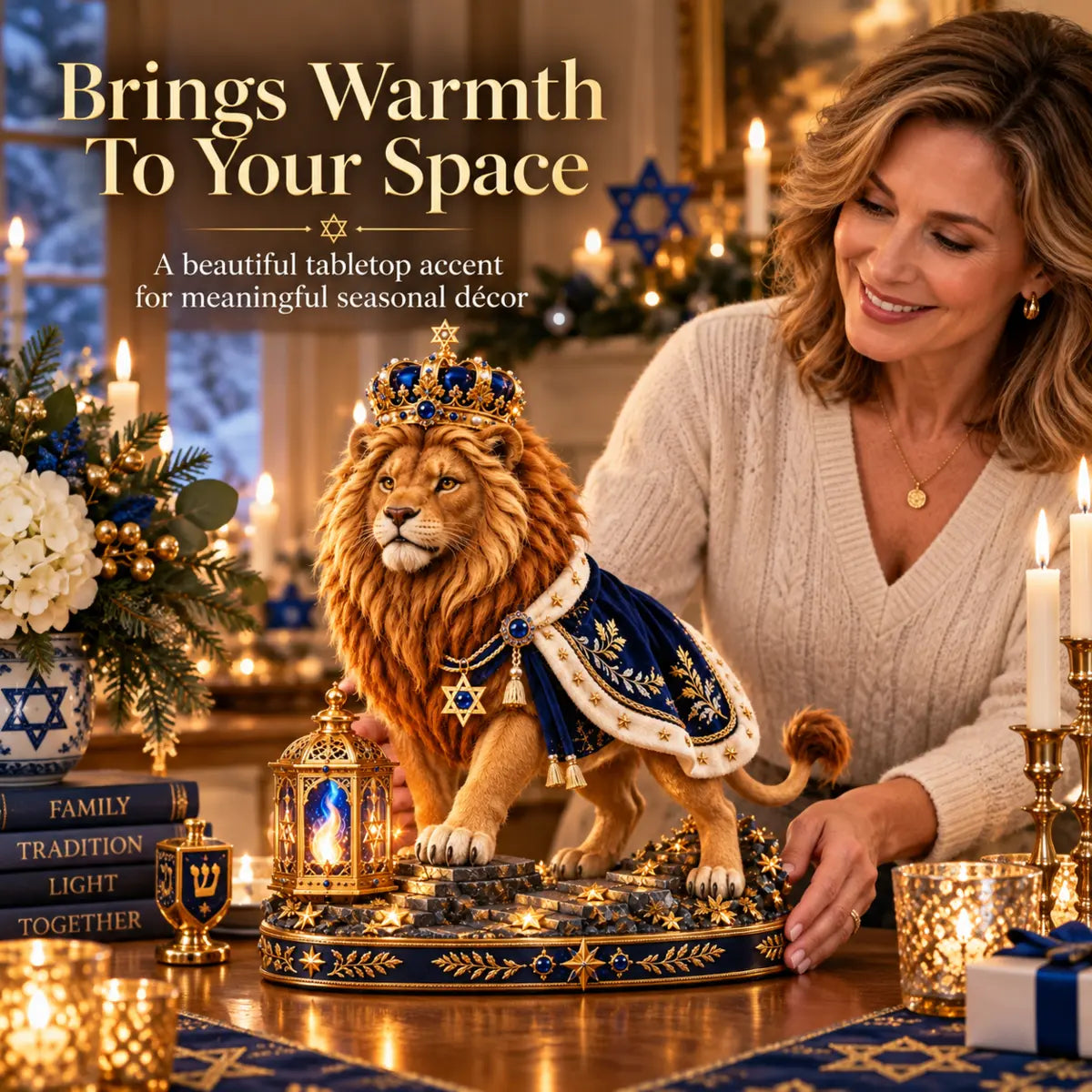 Crowned Lion of Judah figurine displayed with warm holiday lights