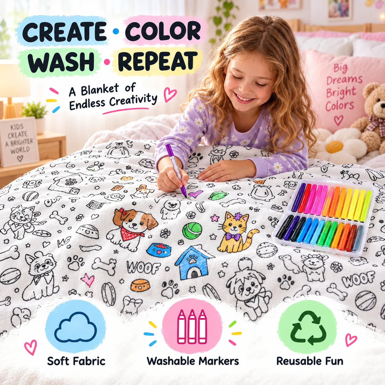 Child coloring a reusable creative blanket