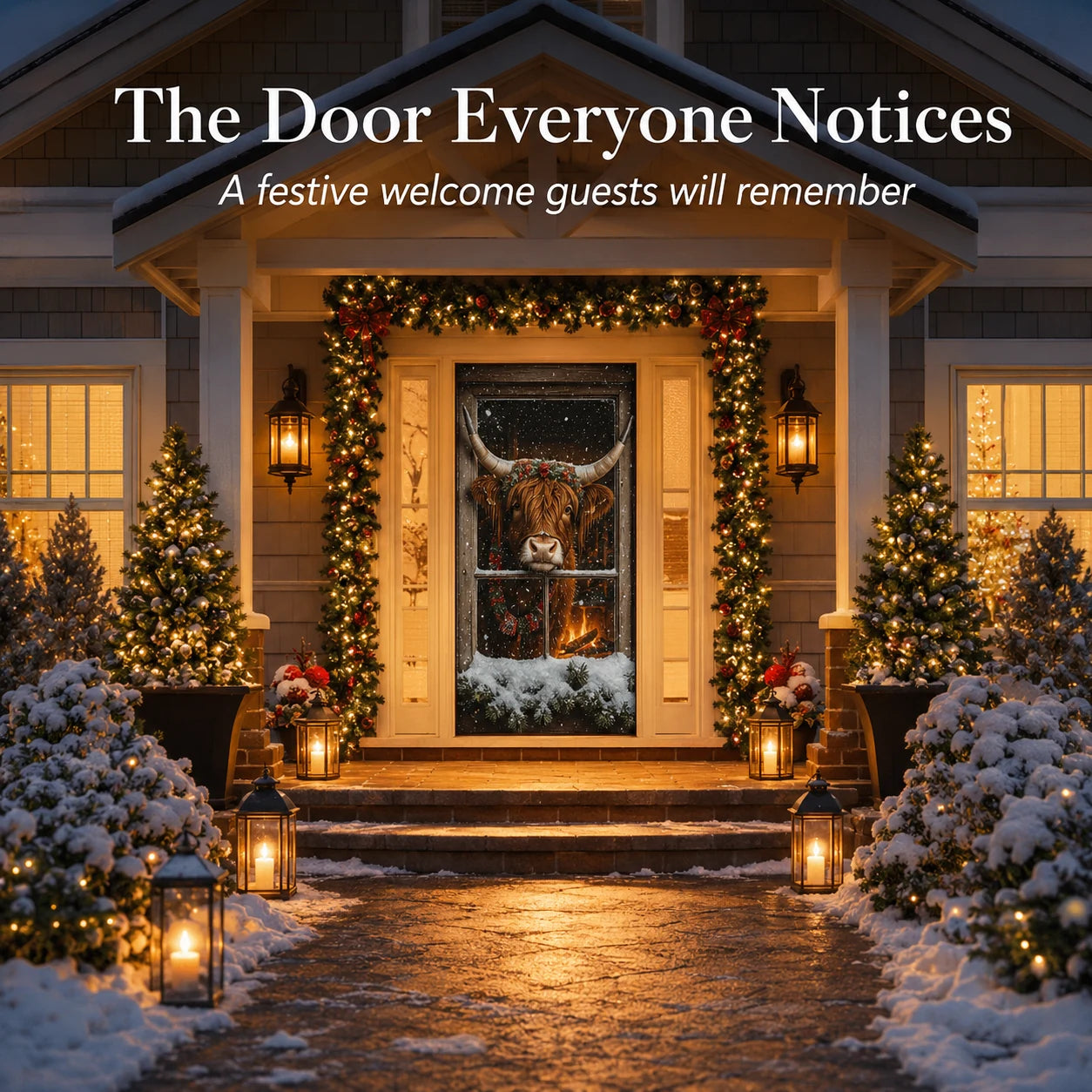 Festive Highland cow Christmas door curtain on a decorated entryway