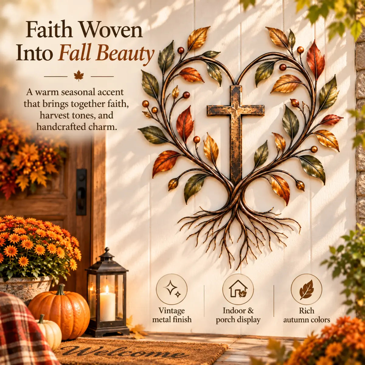 Cross and Tree of Life wall art displayed beside a fall entryway