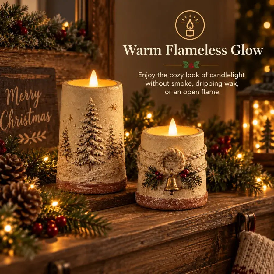 Two rustic Christmas flameless LED candles glowing on a decorated wooden mantel