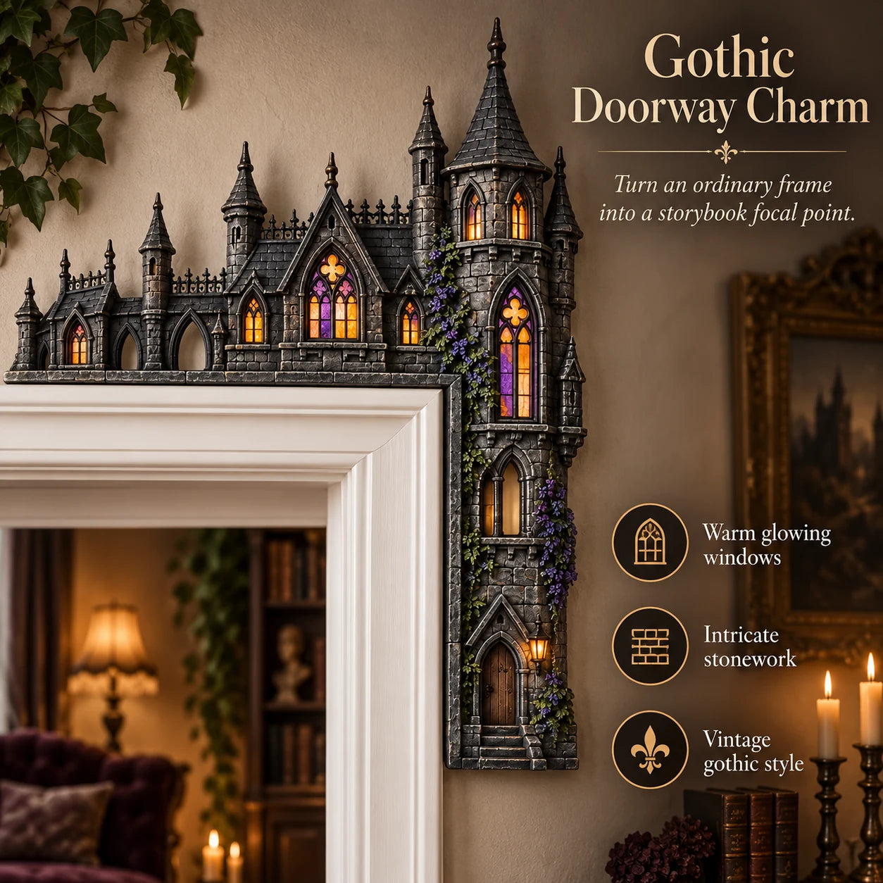 Gothic Castle Door Topper styled around a doorway