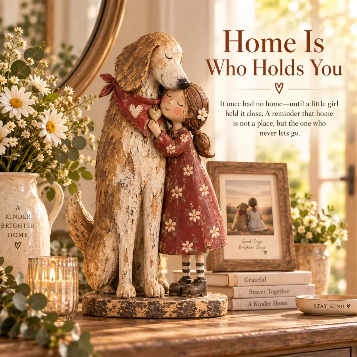 Girl embracing her rescued dog folk art figurine