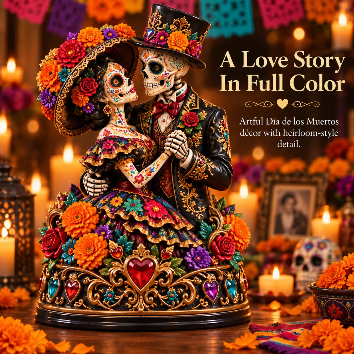 Colorful Día de los Muertos romantic couple figurine