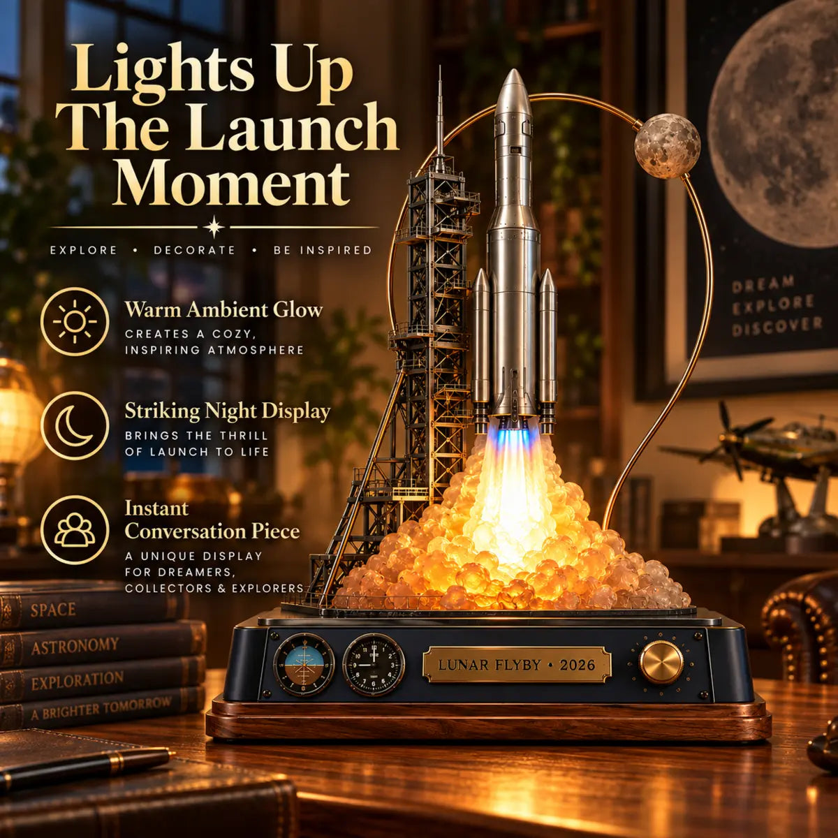 Lunar Flyby 2026 rocket display illuminated with a warm launch glow