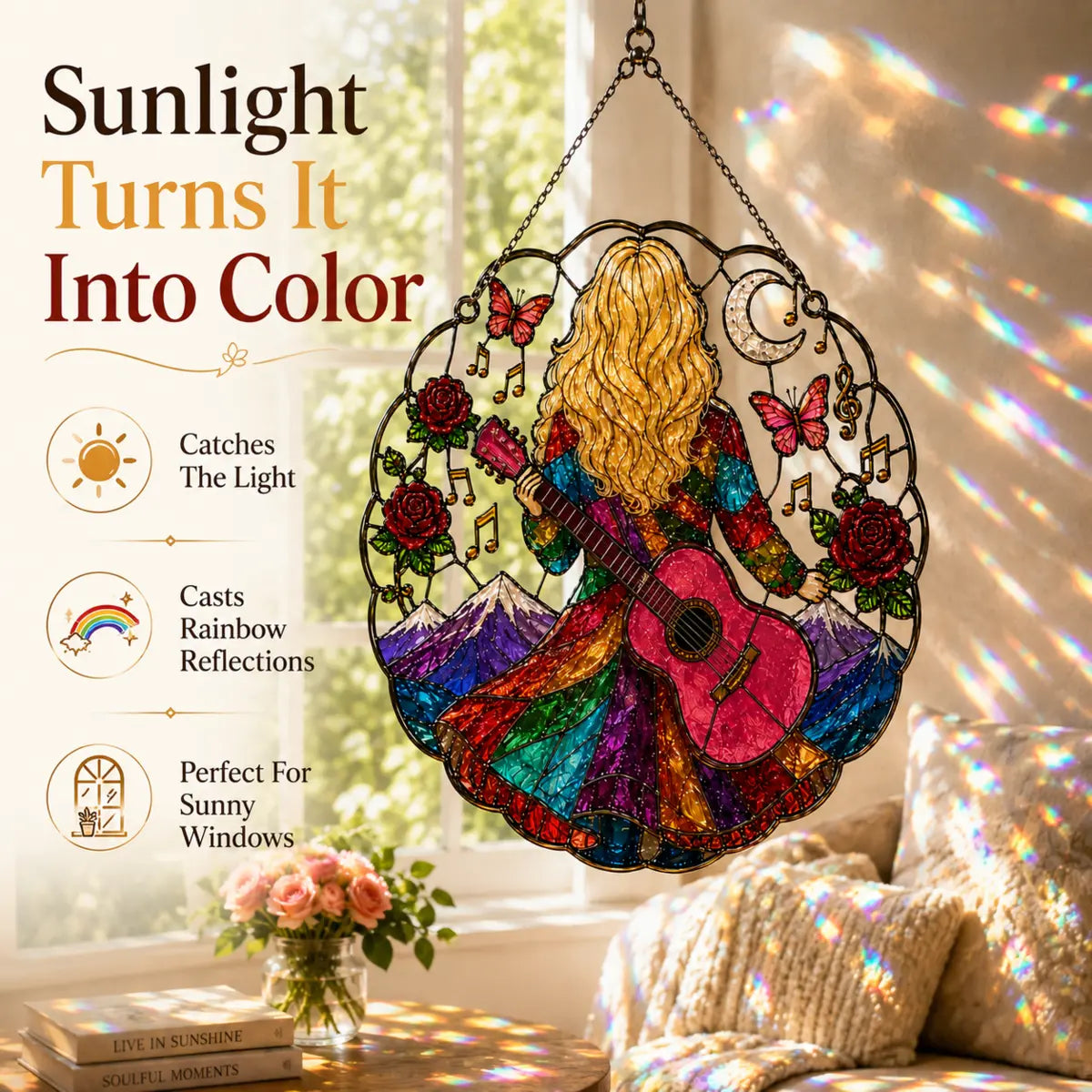 Country music inspired suncatcher glowing in sunlight and casting colorful reflections