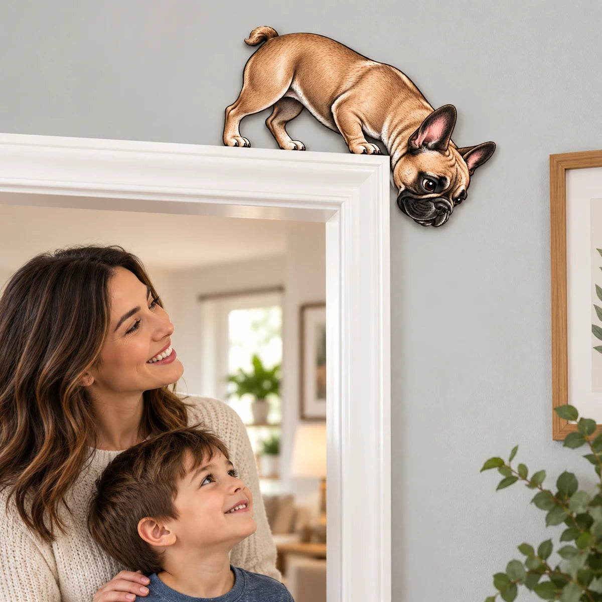 French Bulldog peeking over a doorway while a mother and child look up