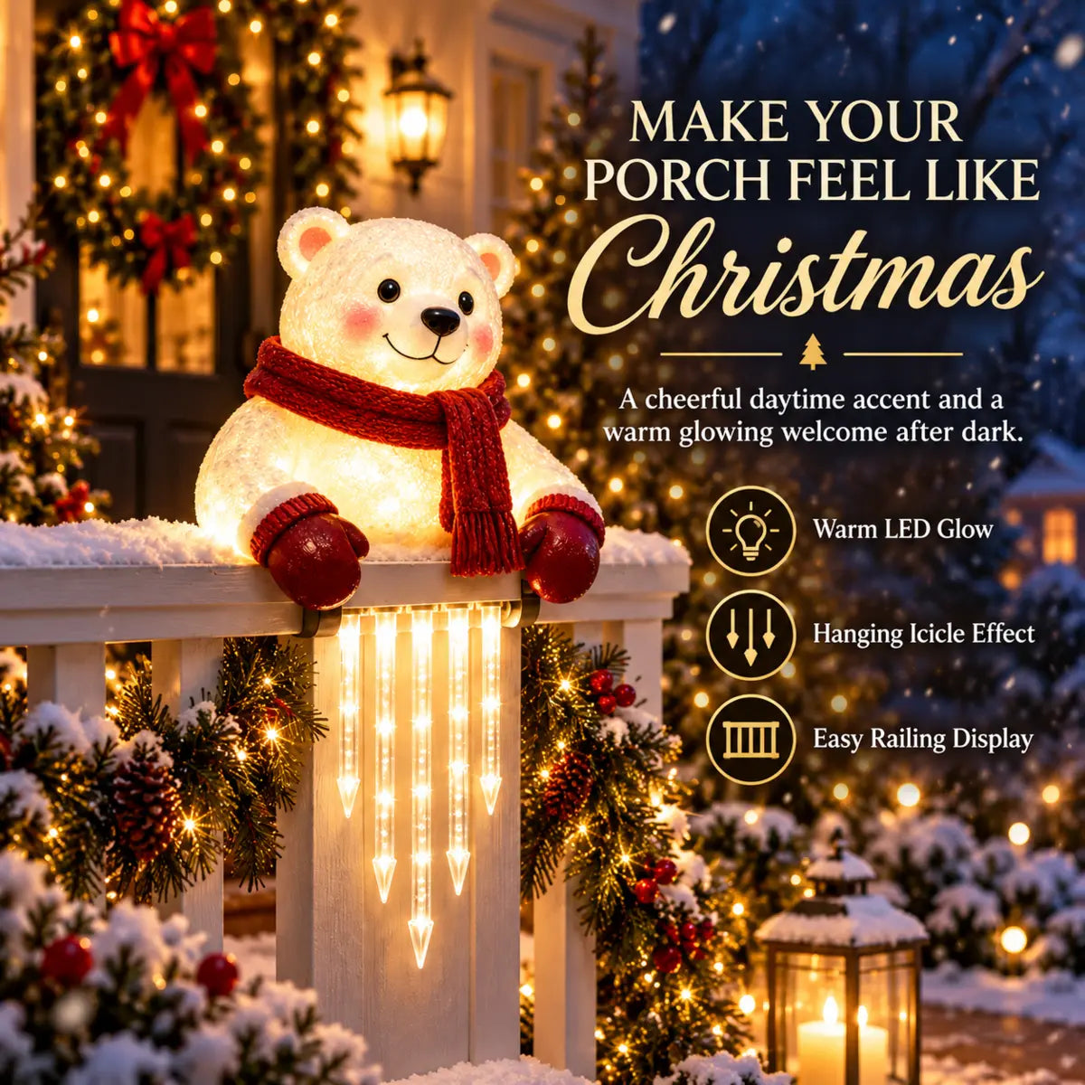 Glowing polar bear icicle light decorating a Christmas porch railing