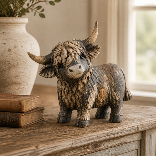 🐮 Rustic Highland Cow Figurine – Charming Farmhouse Tabletop Decor