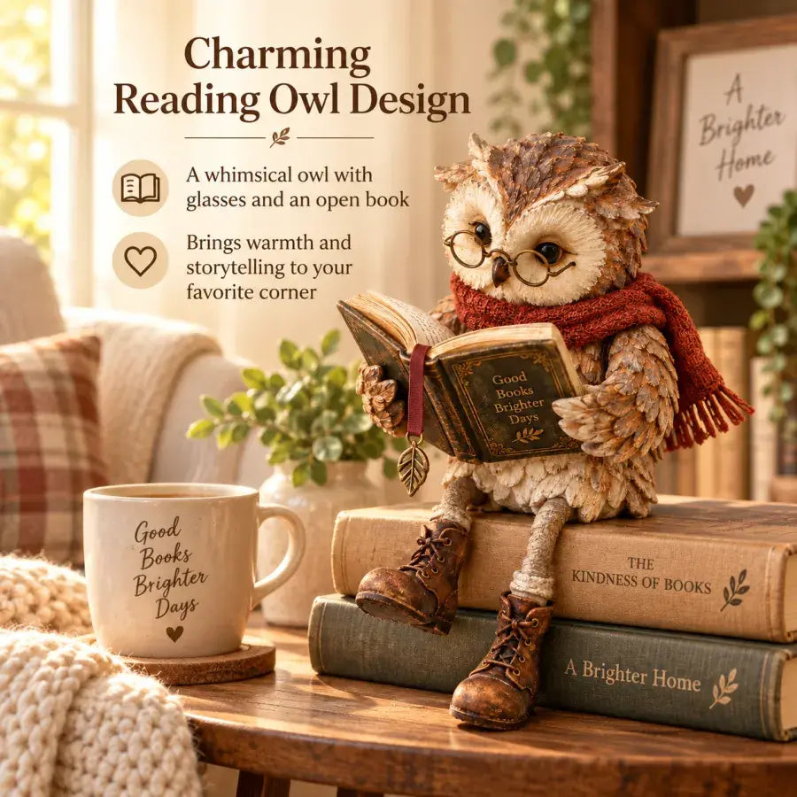 Reading owl figurine with glasses, scarf, boots and an open book