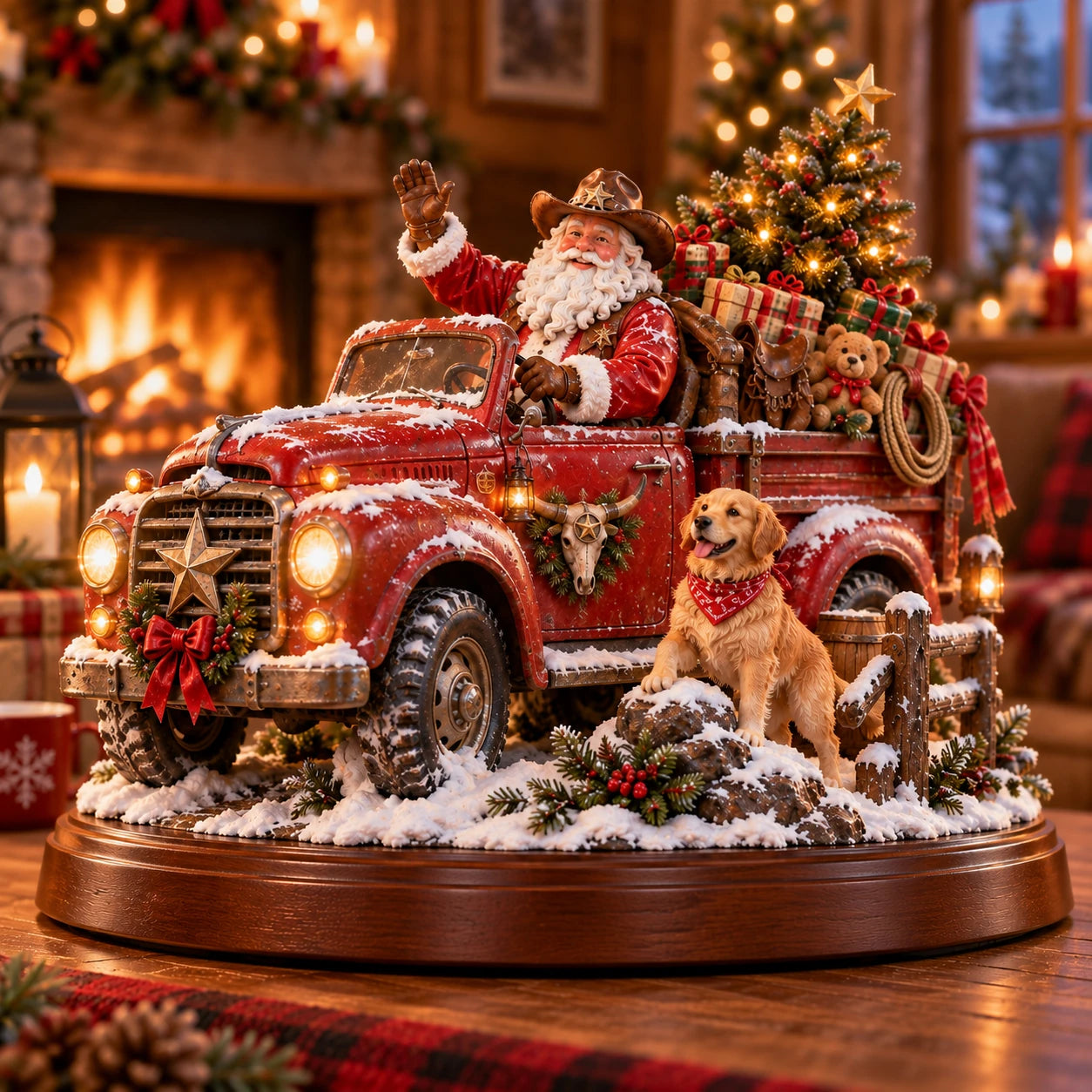 Western Santa driving a vintage red Christmas truck with gifts and a golden retriever